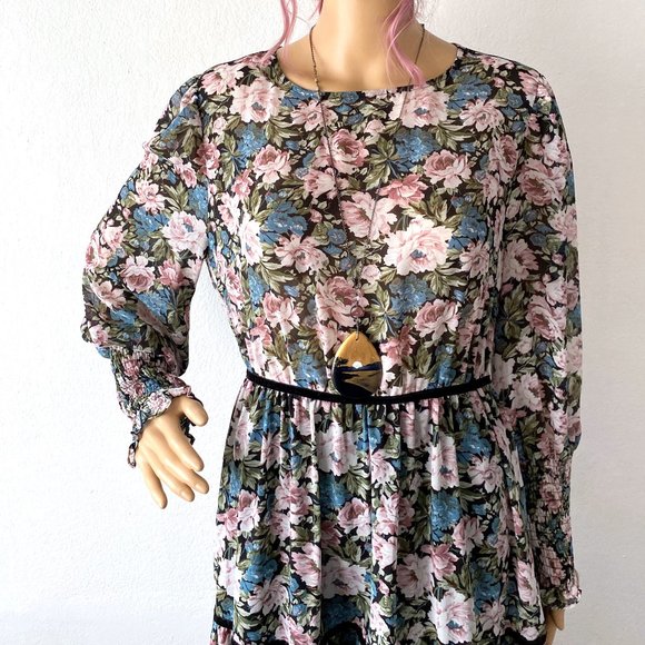 Floral Midi Dress w Long Sleeves Ruffled Dress Romantic Bohemian Flower Print XS - Picture 9 of 10